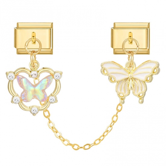 Picture of 1 Piece 304 Stainless Steel Stylish Italian Charm Links For DIY Bracelet Jewelry Making Wholesale Gold Plated Butterfly Animal 10mm x 9mm