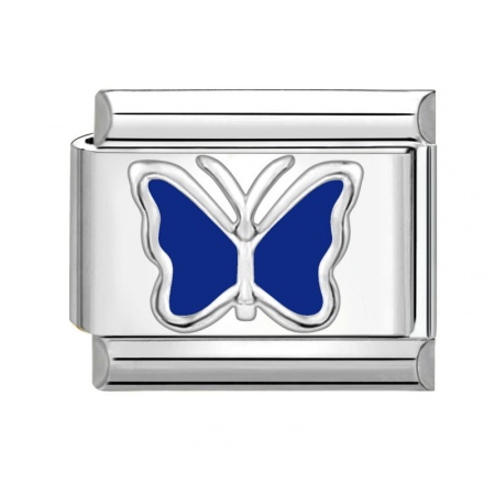 Picture of 1 Piece 304 Stainless Steel Stylish Italian Charm Links For DIY Bracelet Jewelry Making Wholesale Silver Tone Blue Rectangle Butterfly 10mm x 9mm