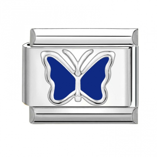 Picture of 1 Piece 304 Stainless Steel Stylish Italian Charm Links For DIY Bracelet Jewelry Making Wholesale Silver Tone Blue Rectangle Butterfly 10mm x 9mm
