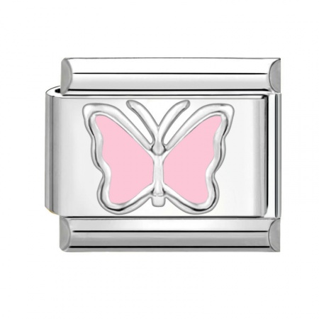 Picture of 1 Piece 304 Stainless Steel Stylish Italian Charm Links For DIY Bracelet Jewelry Making Wholesale Silver Tone Pink Rectangle Butterfly 10mm x 9mm