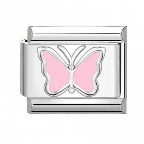 Picture of 1 Piece 304 Stainless Steel Stylish Italian Charm Links For DIY Bracelet Jewelry Making Wholesale Silver Tone Pink Rectangle Butterfly 10mm x 9mm
