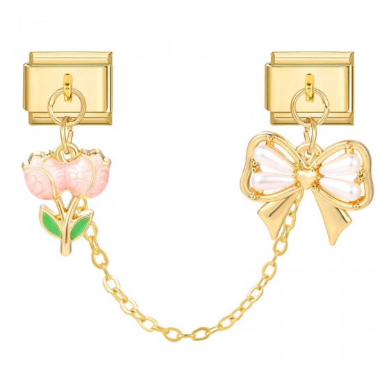 Picture of 1 Piece 304 Stainless Steel Stylish Italian Charm Links For DIY Bracelet Jewelry Making Wholesale Gold Plated Pink Bowknot 10mm x 9mm
