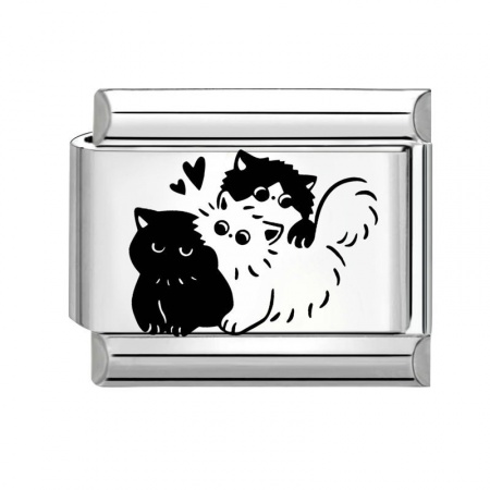 Picture of 1 Piece 304 Stainless Steel Stylish Italian Charm Links For DIY Bracelet Jewelry Making Wholesale Silver Tone Black Rectangle Cat 10mm x 9mm