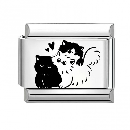 Picture of 1 Piece 304 Stainless Steel Stylish Italian Charm Links For DIY Bracelet Jewelry Making Wholesale Silver Tone Black Rectangle Cat 10mm x 9mm