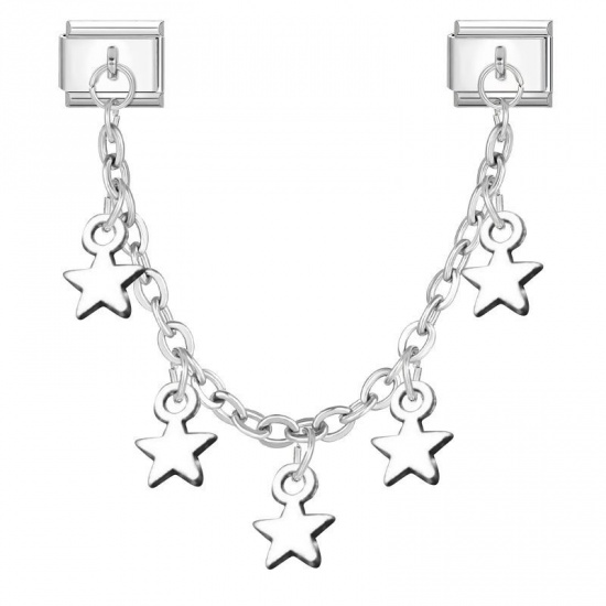 Picture of 1 Piece 304 Stainless Steel Stylish Italian Charm Links For DIY Bracelet Jewelry Making Wholesale Silver Tone Pentagram Star 10mm x 9mm
