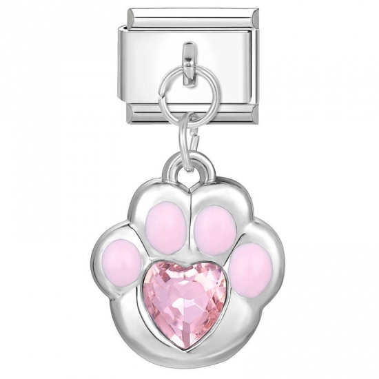 Picture of 1 Piece 304 Stainless Steel Stylish Italian Charm Links For DIY Bracelet Jewelry Making Wholesale Silver Tone Pink Paw Claw 10mm x 9mm
