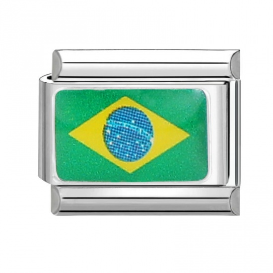 Immagine di 1 Pz 304 Acciaio Inossidabile Elegante Bracciale con Charm Italiano a Maglie, Creazione di Gioielli Fai-da-te All'Ingrosso Tono Argento Verde Rettangolo Bandiera Brasiliana 10mm x 9mm