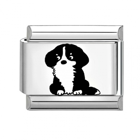 Picture of 1 Piece 304 Stainless Steel Stylish Italian Charm Links For DIY Bracelet Jewelry Making Wholesale Silver Tone Black Rectangle Dog 10mm x 9mm