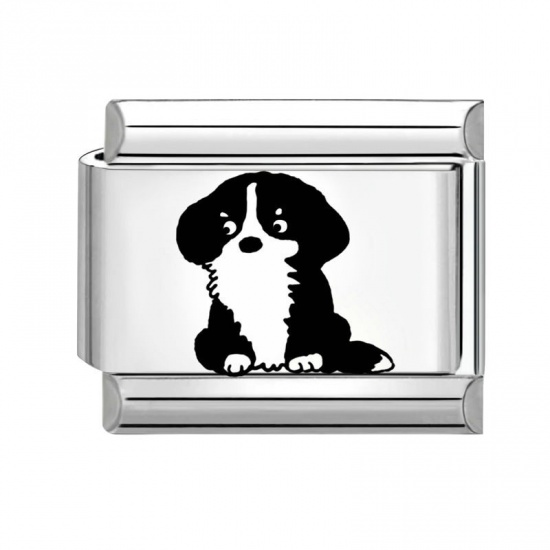 Picture of 1 Piece 304 Stainless Steel Stylish Italian Charm Links For DIY Bracelet Jewelry Making Wholesale Silver Tone Black Rectangle Dog 10mm x 9mm