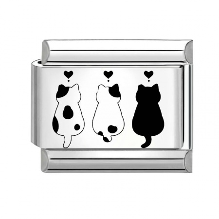 Picture of 1 Piece 304 Stainless Steel Stylish Italian Charm Links For DIY Bracelet Jewelry Making Wholesale Silver Tone Black Rectangle Cat 10mm x 9mm