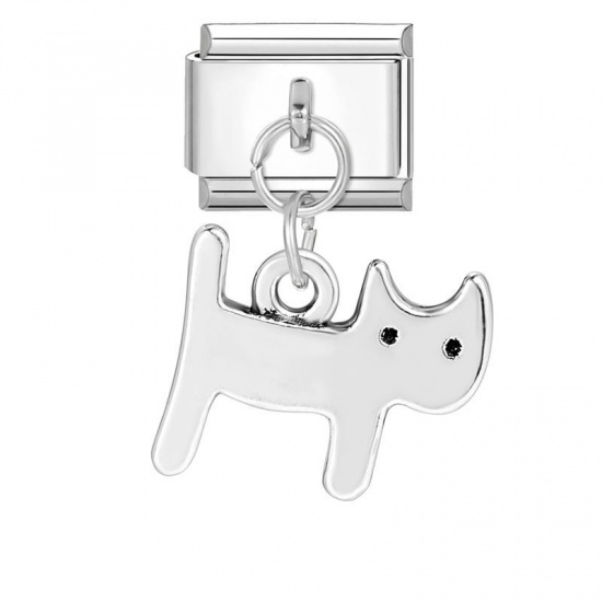 Picture of 1 Piece 304 Stainless Steel Stylish Italian Charm Links For DIY Bracelet Jewelry Making Wholesale Silver Tone Cat Animal 10mm x 9mm