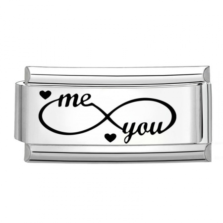 Picture of 1 Piece 304 Stainless Steel Stylish Italian Charm Links For DIY Bracelet Jewelry Making Wholesale Silver Tone Black Rectangle Heart Message " You and Me " 20mm x 9mm