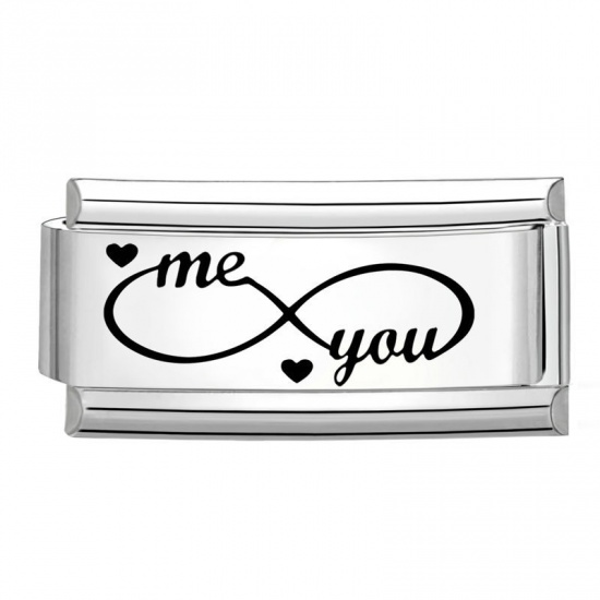 Picture of 1 Piece 304 Stainless Steel Stylish Italian Charm Links For DIY Bracelet Jewelry Making Wholesale Silver Tone Black Rectangle Heart Message " You and Me " 20mm x 9mm