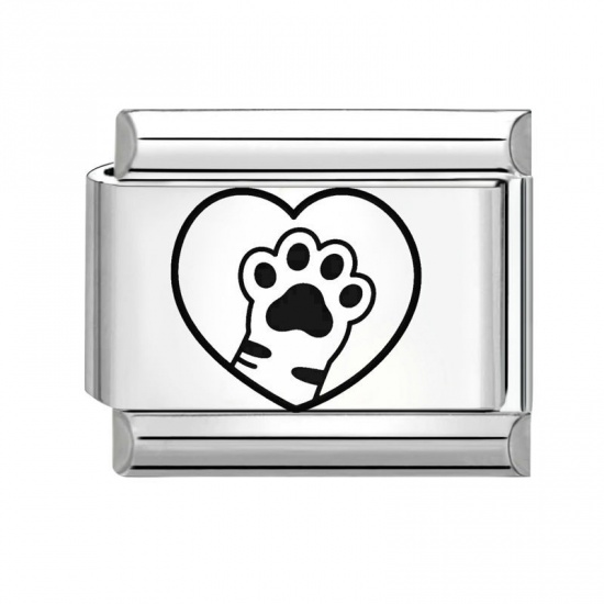 Picture of 1 Piece 304 Stainless Steel Stylish Italian Charm Links For DIY Bracelet Jewelry Making Wholesale Silver Tone Black Rectangle Paw Claw 10mm x 9mm