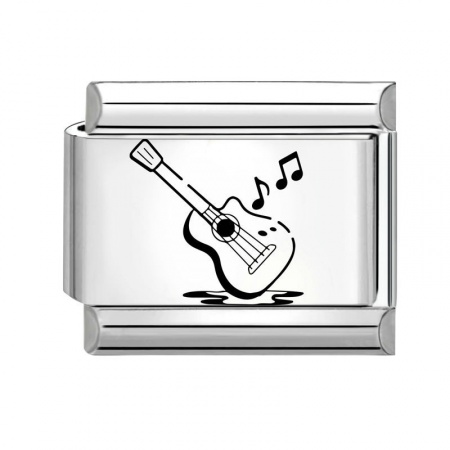 Picture of 1 Piece 304 Stainless Steel Stylish Italian Charm Links For DIY Bracelet Jewelry Making Wholesale Silver Tone Black Rectangle Guitar 10mm x 9mm