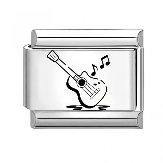 Picture of 1 Piece 304 Stainless Steel Stylish Italian Charm Links For DIY Bracelet Jewelry Making Wholesale Silver Tone Black Rectangle Guitar 10mm x 9mm