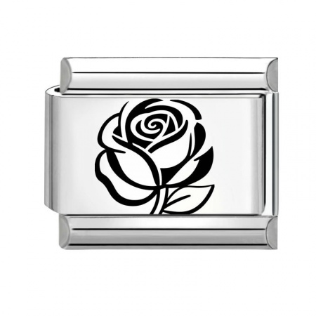 Picture of 1 Piece 304 Stainless Steel Stylish Italian Charm Links For DIY Bracelet Jewelry Making Wholesale Silver Tone Black Rectangle Rose Flower 10mm x 9mm