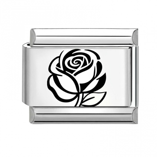 Picture of 1 Piece 304 Stainless Steel Stylish Italian Charm Links For DIY Bracelet Jewelry Making Wholesale Silver Tone Black Rectangle Rose Flower 10mm x 9mm