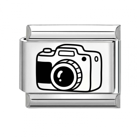 Picture of 1 Piece 304 Stainless Steel Stylish Italian Charm Links For DIY Bracelet Jewelry Making Wholesale Silver Tone Black Rectangle Camera 10mm x 9mm