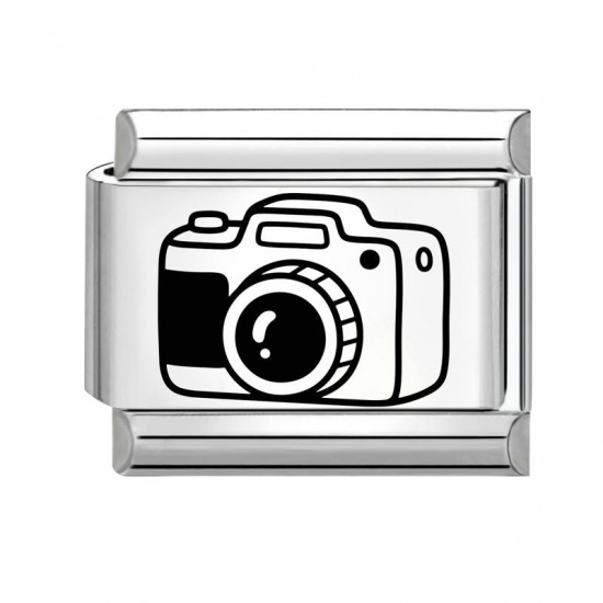 Picture of 1 Piece 304 Stainless Steel Stylish Italian Charm Links For DIY Bracelet Jewelry Making Wholesale Silver Tone Black Rectangle Camera 10mm x 9mm