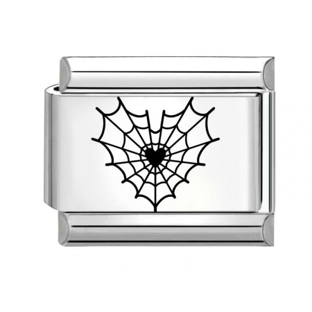 Picture of 1 Piece 304 Stainless Steel Stylish Italian Charm Links For DIY Bracelet Jewelry Making Wholesale Silver Tone Black Rectangle Halloween Cobweb 10mm x 9mm