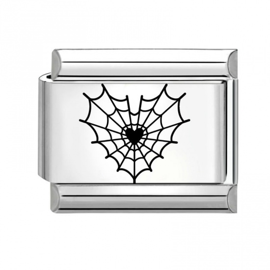 Picture of 1 Piece 304 Stainless Steel Stylish Italian Charm Links For DIY Bracelet Jewelry Making Wholesale Silver Tone Black Rectangle Halloween Cobweb 10mm x 9mm