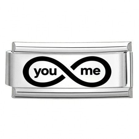 Picture of 1 Piece 304 Stainless Steel Stylish Italian Charm Links For DIY Bracelet Jewelry Making Wholesale Silver Tone Black Rectangle Message " You and Me " 20mm x 9mm