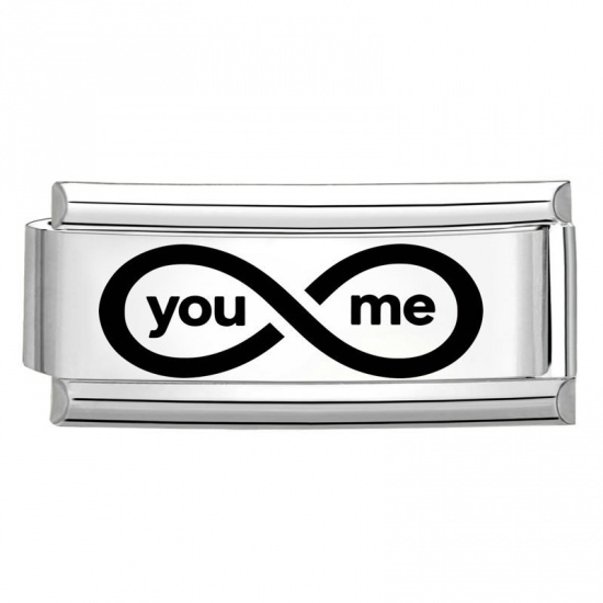 Picture of 1 Piece 304 Stainless Steel Stylish Italian Charm Links For DIY Bracelet Jewelry Making Wholesale Silver Tone Black Rectangle Message " You and Me " 20mm x 9mm