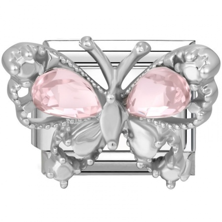 Picture of 1 Piece 304 Stainless Steel Stylish Italian Charm Links For DIY Modular Bracelet Watch Jewelry Making Wholesale Silver Tone Rectangle Butterfly Pink Rhinestone 10mm x 9mm
