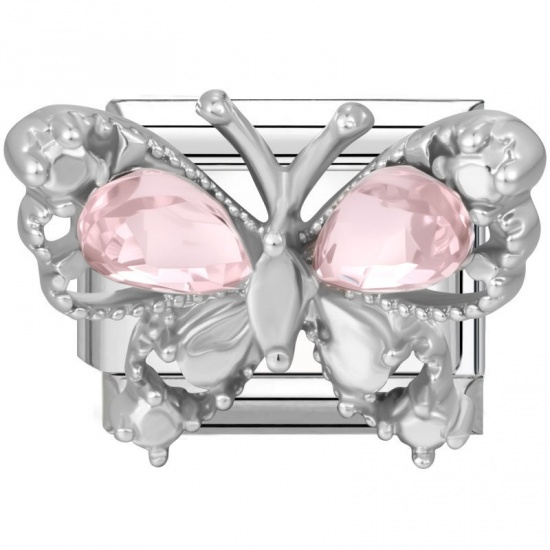 Picture of 1 Piece 304 Stainless Steel Stylish Italian Charm Links For DIY Modular Bracelet Watch Jewelry Making Wholesale Silver Tone Rectangle Butterfly Pink Rhinestone 10mm x 9mm