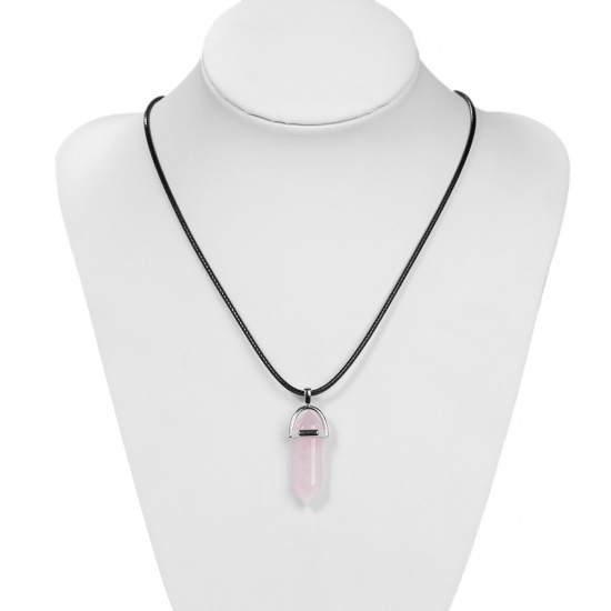 Picture of (Grade B) Natural Rose Quartz Yoga Healing Gemstone Necklace Black PU Cord Pink Pendant 44.5cm(17 4/8") long, 1 Piece