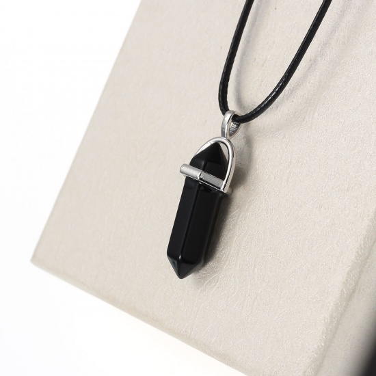 Picture of (Grade B) Natural Black Stone Yoga Healing Gemstone Necklace PU Cord Black Pendant 45.4cm(17 7/8") long, 1 Piece