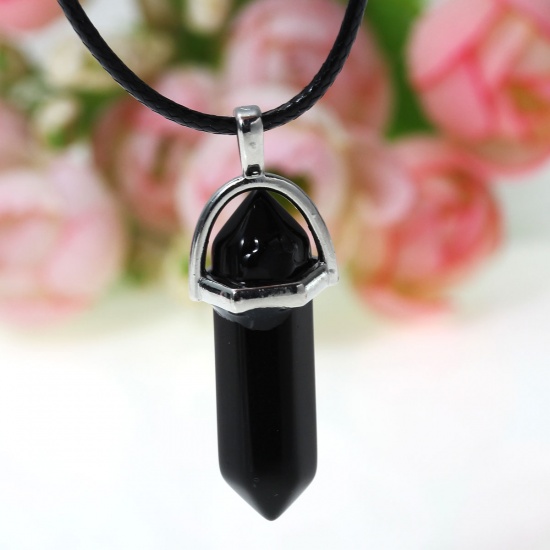Picture of (Grade B) Natural Black Stone Yoga Healing Gemstone Necklace PU Cord Black Pendant 45.4cm(17 7/8") long, 1 Piece