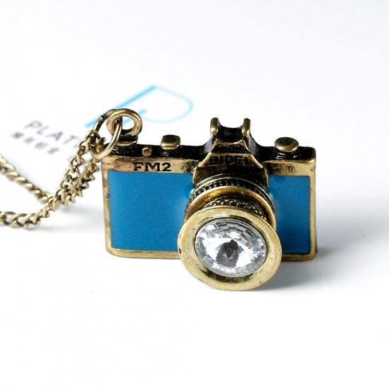 Picture of Zinc Based Alloy & Iron Based Alloy Necklace Antique Bronze Blue Camera Clear Rhinestone Enamel 78.5cm(30 7/8") long, 1 Piece