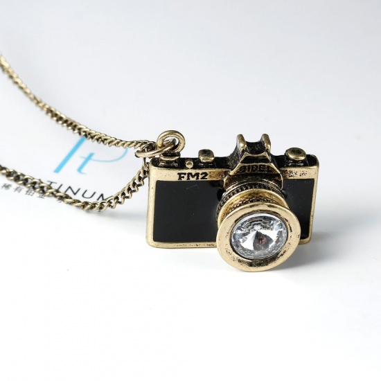 Picture of Zinc Based Alloy & Iron Based Alloy Necklace Antique Bronze Blue Camera Clear Rhinestone Enamel 78.5cm(30 7/8") long, 1 Piece