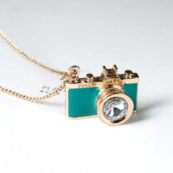 Picture of Zinc Based Alloy & Iron Based Alloy Necklace Gold Plated Green Blue Camera Clear Rhinestone Enamel 77cm(30 3/8") long, 1 Piece