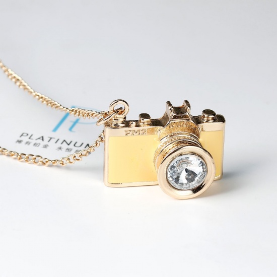 Picture of Zinc Based Alloy & Iron Based Alloy Necklace Gold Plated Pink Camera Clear Rhinestone Enamel 76cm(29 7/8") long, 1 Piece