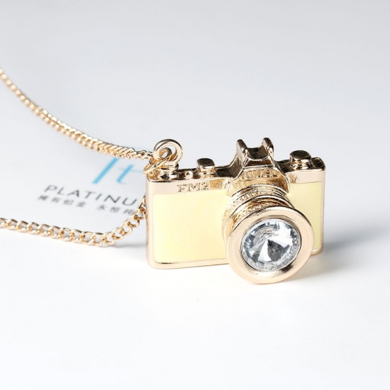 Picture of Zinc Based Alloy & Iron Based Alloy Necklace Gold Plated Pink Camera Clear Rhinestone Enamel 76cm(29 7/8") long, 1 Piece