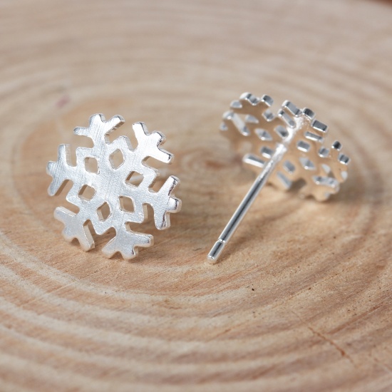 Picture of Copper Ear Post Stud Earrings Silver Plated Christmas Snowflake 10mm( 3/8") x 9mm( 3/8"), Post/ Wire Size: (21 gauge), 1 Pair