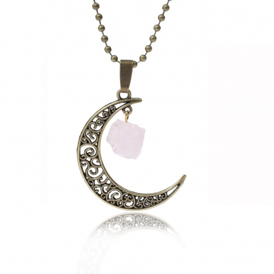 Изображение Druzy Новая мода Кварцевые Луны ожерелье цепь шарика античная бронза светло-розовый цветок полые резные 51.0cm (20 1/8 ") длиной, 1 шт