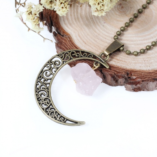 Изображение Druzy Новая мода Кварцевые Луны ожерелье цепь шарика античная бронза светло-розовый цветок полые резные 51.0cm (20 1/8 ") длиной, 1 шт