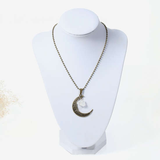 Picture of New Fashion Druzy /Drusy Quartz Crystal Moon Pendant Necklace Ball Chain Antique Bronze White Flower Hollow Carved 51.0cm(20 1/8") long, 1 Piece