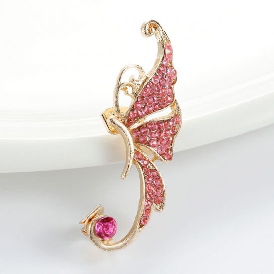 Picture of New Fashion Ear Cuff Clip On Stud Wrap Earrings For Left Ear Butterfly Gold Plated Fuchsia Rhinestone 53mm(2 1/8") x 19mm( 6/8"), 1 Piece
