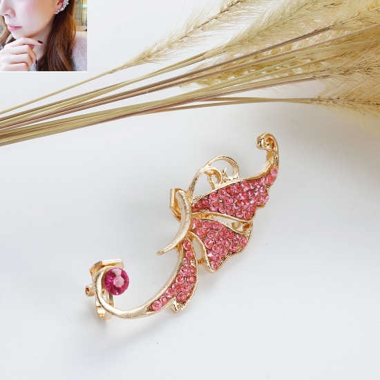 Picture of New Fashion Ear Cuff Clip On Stud Wrap Earrings For Left Ear Butterfly Gold Plated Fuchsia Rhinestone 53mm(2 1/8") x 19mm( 6/8"), 1 Piece
