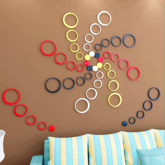 Picture of Acrylic Home Decor 3D DIY Wall Decal Sticker Circles Round White 15cm(5 7/8") Dia. - 4.7cm(1 7/8") Dia., 1 Set(5Piece/Set)