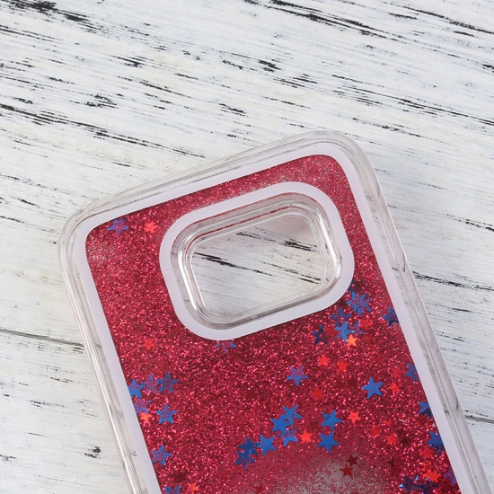 Immagine di Custodia rigida trasparente sabbia lucida con paillette di pentagramma rosso glitter rosso blu stelle brillanti per Samsung Galaxy S7 14.5x7.2cm, 1 Pz
