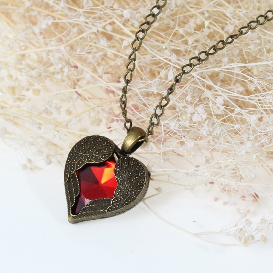 Picture of Resin Red Heart Angel Wing Vintage Necklace Antique Bronze 64.0cm(25 2/8") long, 1 Piece