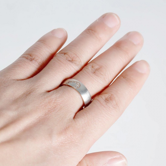 Picture of Unadjustable Rings Silver Tone Light Beige Enamel Heart Clear Rhinestone 16.1mm(US Size 5.5), 1 Piece