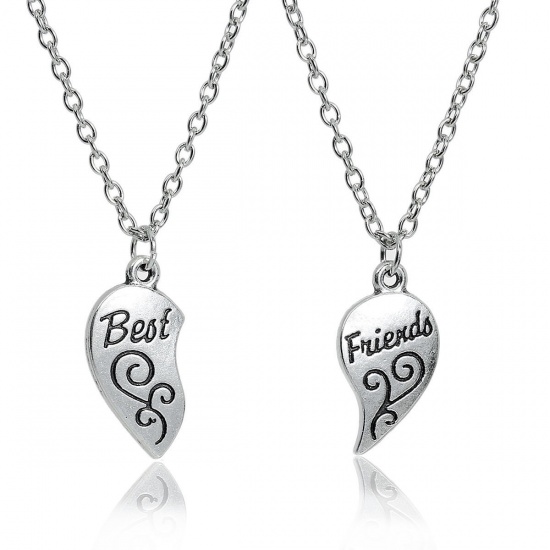 Picture of New Fashion Necklace Link Cable Chain Antique Silver Broken Heart Friendship BFF Message " BEST FRIENDS " Flower Carved Pendant 46.0cm(18 1/8") long, 1 Set