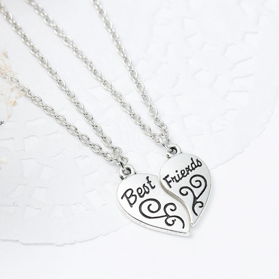 Picture of New Fashion Necklace Link Cable Chain Antique Silver Broken Heart Friendship BFF Message " BEST FRIENDS " Flower Carved Pendant 46.0cm(18 1/8") long, 1 Set